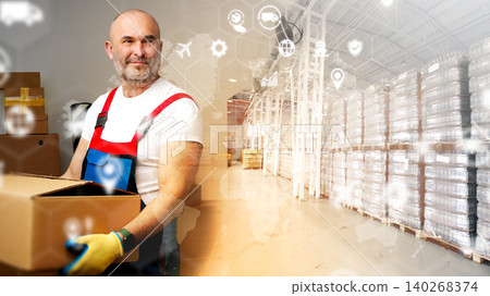Worker carrying box in logistics warehouse with shelves of packages and digital icons Worker carrying box in logistics warehouse with shelves of packages and digital icons 140268374