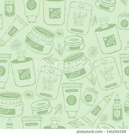 Natural Organic Cosmetics Seamless Pattern. Cream, Skincare Bottles and Herbal Elements Doodle on Green Background. Linear Hand Drawing. Vector illustration Natural Organic Cosmetics Seamless Pattern. Cream, Skincare Bottles and Herbal Elements Doodle on Green Background. Linear Hand Drawing. Vector illustration 140268389