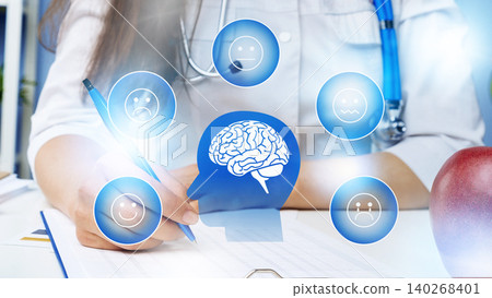 Health professional examines emotions using a diagram in a modern office setting 140268401