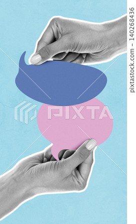 Discussion about news message with colorful speech bubbles in hands Discussion about news message with colorful speech bubbles in hands 140268436