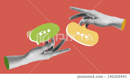 Hands exchanging speech bubbles to represent communication and messaging Hands exchanging speech bubbles to represent communication and messaging 140268441