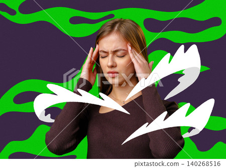 Woman holds head while experiencing discomfort in a colorful background Woman holds head while experiencing discomfort in a colorful background 140268516