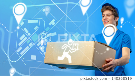 Courier delivers package while navigating through city streets using a map app Courier delivers package while navigating through city streets using a map app 140268519