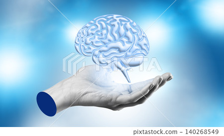 Brain held in hand on blue background showing concepts of knowledge and innovation 140268549