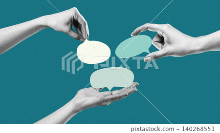 Hands exchanging speech bubbles to represent communication and sharing news with others Hands exchanging speech bubbles to represent communication and sharing news with others 140268551