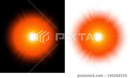 Vibrant orange sunburst flare with radiating glowing rays on black and transparent backdrop, concept of dynamic stellar energy 140268559
