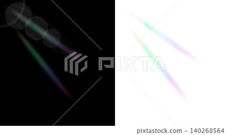 Two diagonal bright light rays with subtle rainbow colored lens flare artifacts on black and transparent backdrop. Concept of natural daylight and artistic lens quality for design Two diagonal bright light rays with subtle rainbow colored lens flare artifacts on black and transparent backdrop. Concept of natural daylight and artistic lens quality for design 140268564