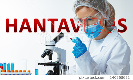 Research on hantavirus in a lab setting with a scientist examining samples under a microscope Research on hantavirus in a lab setting with a scientist examining samples under a microscope 140268651
