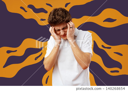 Young man with hands on head, showing stress in a colorful background structure Young man with hands on head, showing stress in a colorful background structure 140268654
