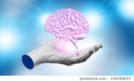 Hand holds a brain against a blue background showing connection between mind and body Hand holds a brain against a blue background showing connection between mind and body 140268655