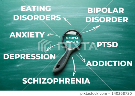 Focus on mental health and common disorders presented on a chalkboard Focus on mental health and common disorders presented on a chalkboard 140268720