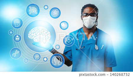 Healthcare worker holds a brain graphic with medical symbols in a bright background Healthcare worker holds a brain graphic with medical symbols in a bright background 140268732