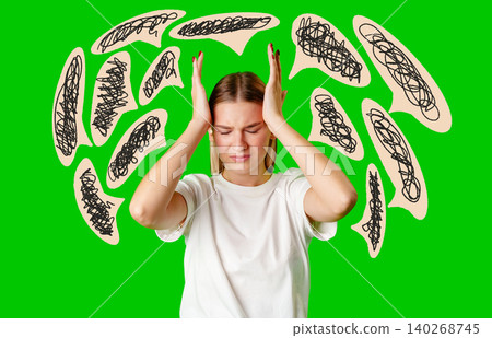 Woman holds her head with a pained expression while surrounded by abstract speech bubbles in green Woman holds her head with a pained expression while surrounded by abstract speech bubbles in green 140268745