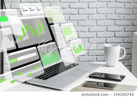 Business chart shown on laptop with digital displays and tools for analysis and planning Business chart shown on laptop with digital displays and tools for analysis and planning 140268748