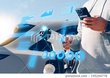 Charging electric vehicle at station with user monitoring battery status and usage data 140268776