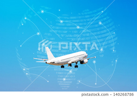 Airplane in flight over blue sky with digital data symbols around it Airplane in flight over blue sky with digital data symbols around it 140268786