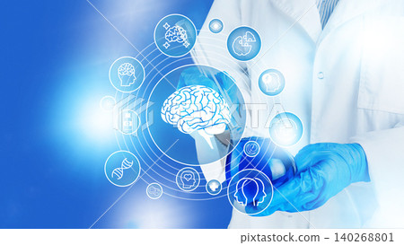 Scientist in lab coat holds digital brain model with health technology icons around Scientist in lab coat holds digital brain model with health technology icons around 140268801