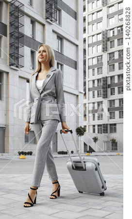 Woman walking with suitcase in urban area during daytime near modern buildings 140268828