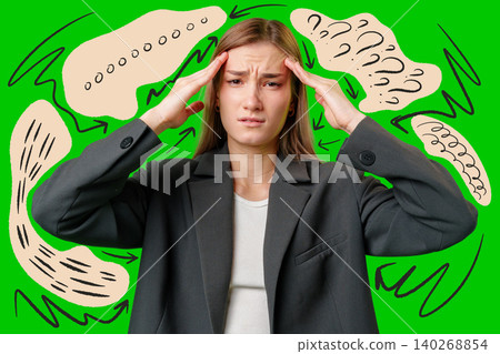 Woman in a suit holds her head with worry in a bright green background with shapes Woman in a suit holds her head with worry in a bright green background with shapes 140268854
