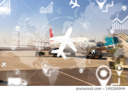 Logistics operations at an airport with aircraft and transportation equipment involved Logistics operations at an airport with aircraft and transportation equipment involved 140268944