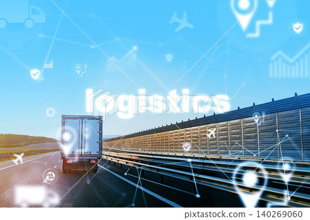 Logistics truck driving on a highway with digital network elements visible in background 140269060