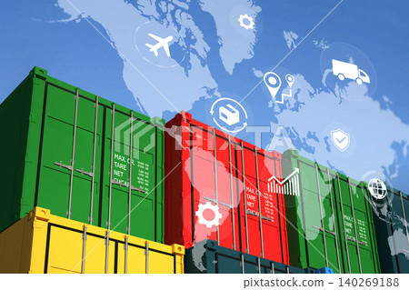Global logistics network connects cargo containers with transportation map and digital icons Global logistics network connects cargo containers with transportation map and digital icons 140269188