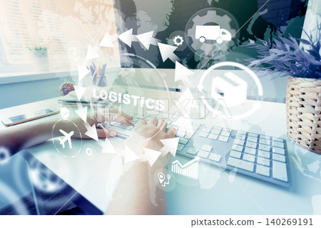 Logistics work at a computer desk with icons and symbols in an office setting Logistics work at a computer desk with icons and symbols in an office setting 140269191