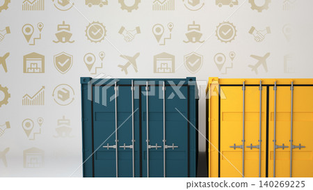 Containers in a logistics hub show important symbols and icons related to transport and delivery Containers in a logistics hub show important symbols and icons related to transport and delivery 140269225