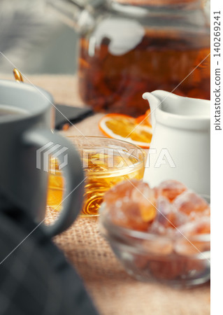 Chinese tea teapot lemon ginger honey on light tablecloth. Tea ceremony Chinese tea teapot lemon ginger honey on light tablecloth. Tea ceremony 140269241