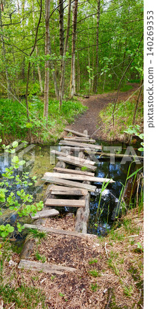 Wooden footbridge crossing a small stream in a lush green forest, surrounded by trees and underbrush, with a dirt path visible on the right side Wooden footbridge crossing a small stream in a lush green forest, surrounded by trees and underbrush, with a dirt path visible on the right side 140269353