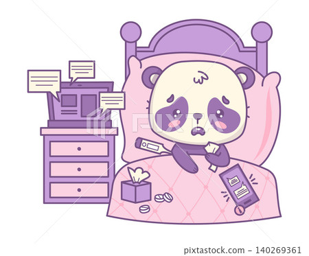 Sad Sick Panda With Thermometer Under Arm And Tissue In Hand Lying In Bed. Professional Burnout, Sick Leave And Inability To Work Due To Illness. Vector Illustration Unhappy Cartoon Kawaii Animal. Sad Sick Panda With Thermometer Under Arm And Tissue In Hand Lying In Bed. Professional Burnout, Sick Leave And Inability To Work Due To Illness. Vector Illustration Unhappy Cartoon Kawaii Animal. 140269361
