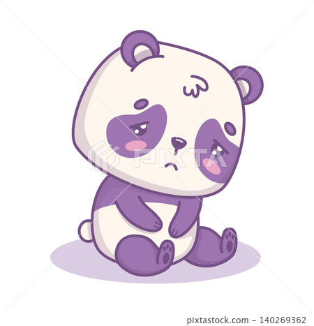 Sad Panda Bear Sitting With Head Down. Small Kawaii Cartoon Animal Depression Loneliness And Emotional Burnout. Vector Illustration 140269362