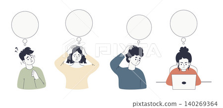 Caucasian People Thinking with Empty Thought Bubbles Set. Diverse Characters Feeling Confused, Stressed and Working on Laptop. Flat Vector Illustration. Isolated Men and Women with Blank Mind Clouds. Caucasian People Thinking with Empty Thought Bubbles Set. Diverse Characters Feeling Confused, Stressed and Working on Laptop. Flat Vector Illustration. Isolated Men and Women with Blank Mind Clouds. 140269364