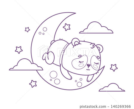 Outline Panda Bear Sleeping On Crescent Moon With Clouds And Stars. Cute Kawaii Cartoon little Animal. Magical Dreamy Night. Line drawing, coloring page book. Vector illustration. Kids collection. Outline Panda Bear Sleeping On Crescent Moon With Clouds And Stars. Cute Kawaii Cartoon little Animal. Magical Dreamy Night. Line drawing, coloring page book. Vector illustration. Kids collection. 140269366
