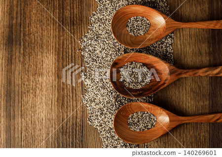 Wooden spoon with chia seeds close up Wooden spoon with chia seeds close up 140269601