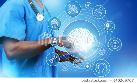 Medical professional uses tablet to explore brain health and technology in healthcare 140269707