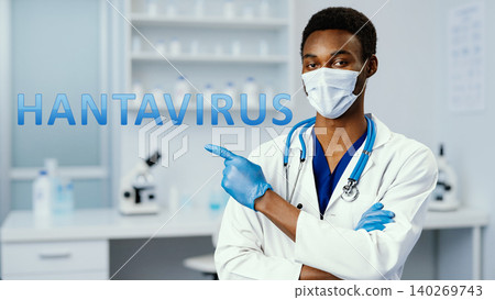 Medical professional points to hantavirus sign in laboratory setting with clean equipment Medical professional points to hantavirus sign in laboratory setting with clean equipment 140269743