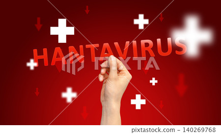 Hand holding the word hantavirus with red crosses and arrows in the background Hand holding the word hantavirus with red crosses and arrows in the background 140269768