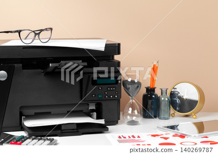 Printer, copier, scanner in office. Workplace. creative photo. Printer, copier, scanner in office. Workplace. creative photo. 140269787