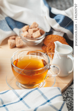 Tea time. Cup of tea on a beautifully decorated table 140269797