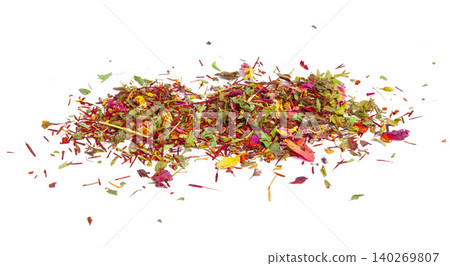 Green tea with dry flowers on white background. Close up Green tea with dry flowers on white background. Close up 140269807
