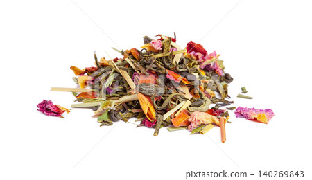 tea with candied fruit and rose petals on white background. creative photo. tea with candied fruit and rose petals on white background. creative photo. 140269843