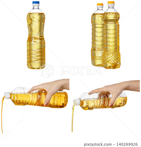 Sunflower oil bottles collage on white background 140269926