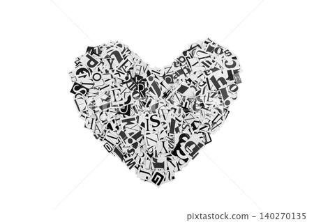 Heart shape made of black and white paper letters cut out from newspapers isolated on white background with clipping path Heart shape made of black and white paper letters cut out from newspapers isolated on white background with clipping path 140270135