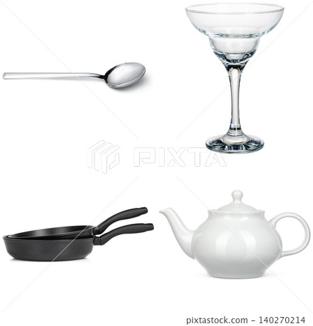 Collage of crockery and cutlery on white background Collage of crockery and cutlery on white background 140270214