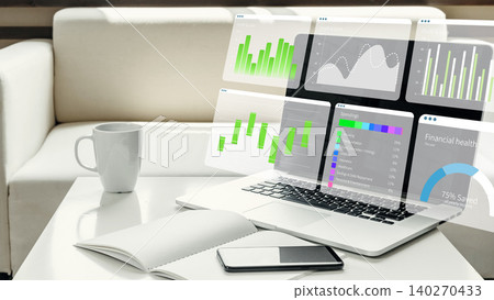 Digital business chart showing data trends on laptop in workspace 140270433