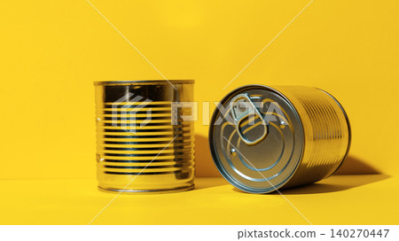 Metal cans on a bright yellow surface showing different angles in a simple setup Metal cans on a bright yellow surface showing different angles in a simple setup 140270447