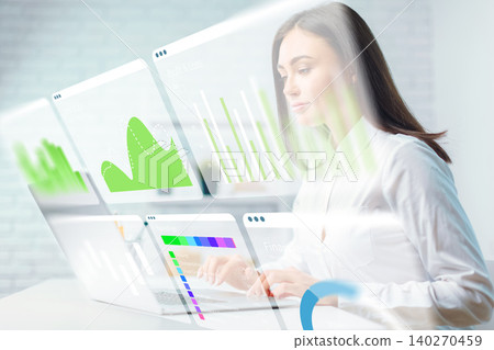 Digital business chart AI shows data trends in office setting with woman working on laptop 140270459