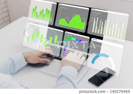 Digital business chart display used for analysis and reporting in a modern office setup Digital business chart display used for analysis and reporting in a modern office setup 140270469