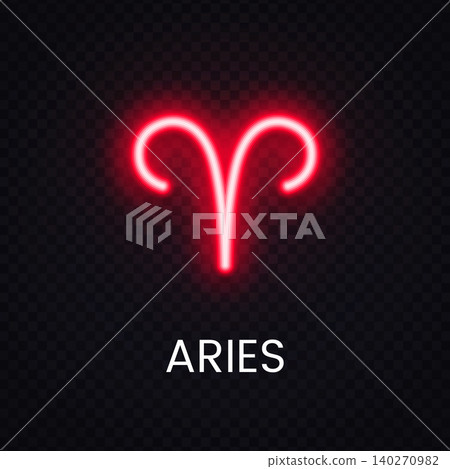 Neon Aries zodiac sign glowing on transparent background. Bright astrology symbol for horoscope design, celestial branding and mystical decoration. 140270982